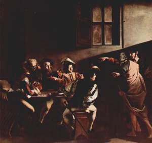 Pintura a óleo mostrando um grupo de homens sentados em torno de uma mesa em ambiente escuro. Jesus, à direita, aponta para um deles com gesto calmo, enquanto uma luz intensa e oblíqua o acompanha. Mateus, de barba e roupas ricas, parece surpreso, apontando para si. A cena é dominada por contrastes entre luz e sombra e por expressões humanas intensas.