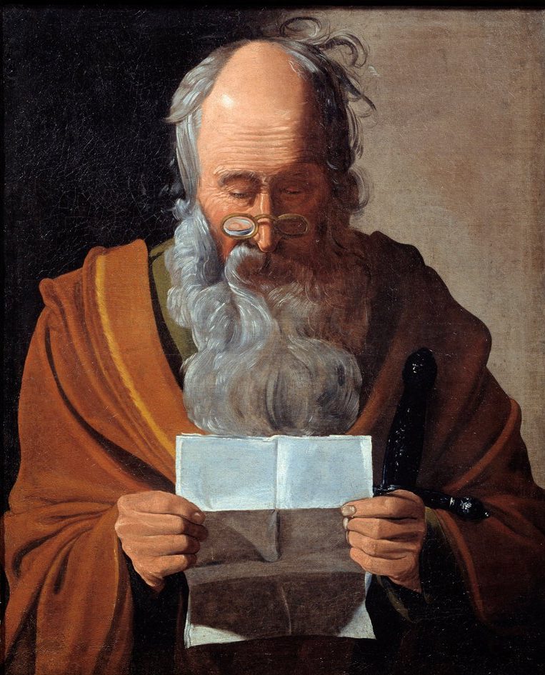 Retrato de meio corpo de autoria de George de La Tour, datada ao XVII século, representando o São Paulo. São Paulo é um idoso, calvo no topo da cabeça, com barba longa e grisalha, lendo uma carta em silêncio. Usa um manto em tons ocres e óculos de haste fina. Ao fundo, um fundo escuro e neutro destaca a concentração do apóstolo.