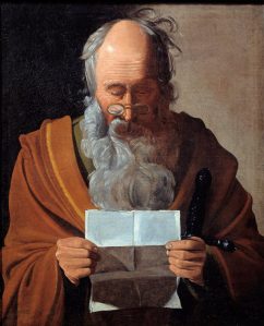 Retrato de meio corpo de autoria de George de La Tour, datada ao XVII século, representando o São Paulo. São Paulo é um idoso, calvo no topo da cabeça, com barba longa e grisalha, lendo uma carta em silêncio. Usa um manto em tons ocres e óculos de haste fina. Ao fundo, um fundo escuro e neutro destaca a concentração do apóstolo.