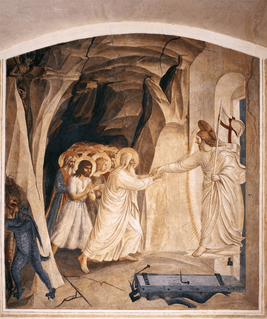 Afresco de Fra Angelico mostrando Cristo ressuscitado descendo ao limbo: Jesus, com auréola radiante e estandarte da ressurreição, estende a mão a Adão, seguido por um cortejo de figuras bíblicas. O ambiente é uma gruta escura, com paredes rachadas, e à esquerda aparecem figuras demoníacas fugindo. A cena transmite leveza espiritual mesmo na sombra.
