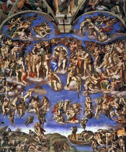 Afresco de Michelangelo Buonarroti representando o Juízo Final cristão. Ao centro, Cristo aparece imponente, com o braço erguido em gesto de condenação e redenção. Ao redor, centenas de corpos nus são representados em movimento espiral, subindo ao céu ou sendo arrastados ao inferno. O fundo é azul intenso e a cena transmite tensão muscular e dramática.