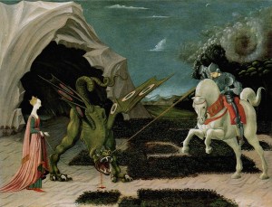 Pintura de Paolo Uccello: São Jorge ataca o dragão com uma lança reta, enquanto a princesa observa de longe, envolta por uma forma circular. A composição é rigorosamente geométrica, com linhas de fuga e paisagem abstrata.
